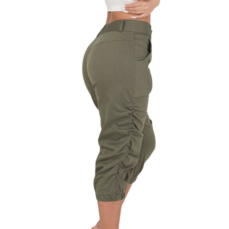 Frontwalk Women Pants High Waist Capri Pants Drawstring Capris Casual  Summer Wide Leg Crop Pants with Pockets Black 3XL