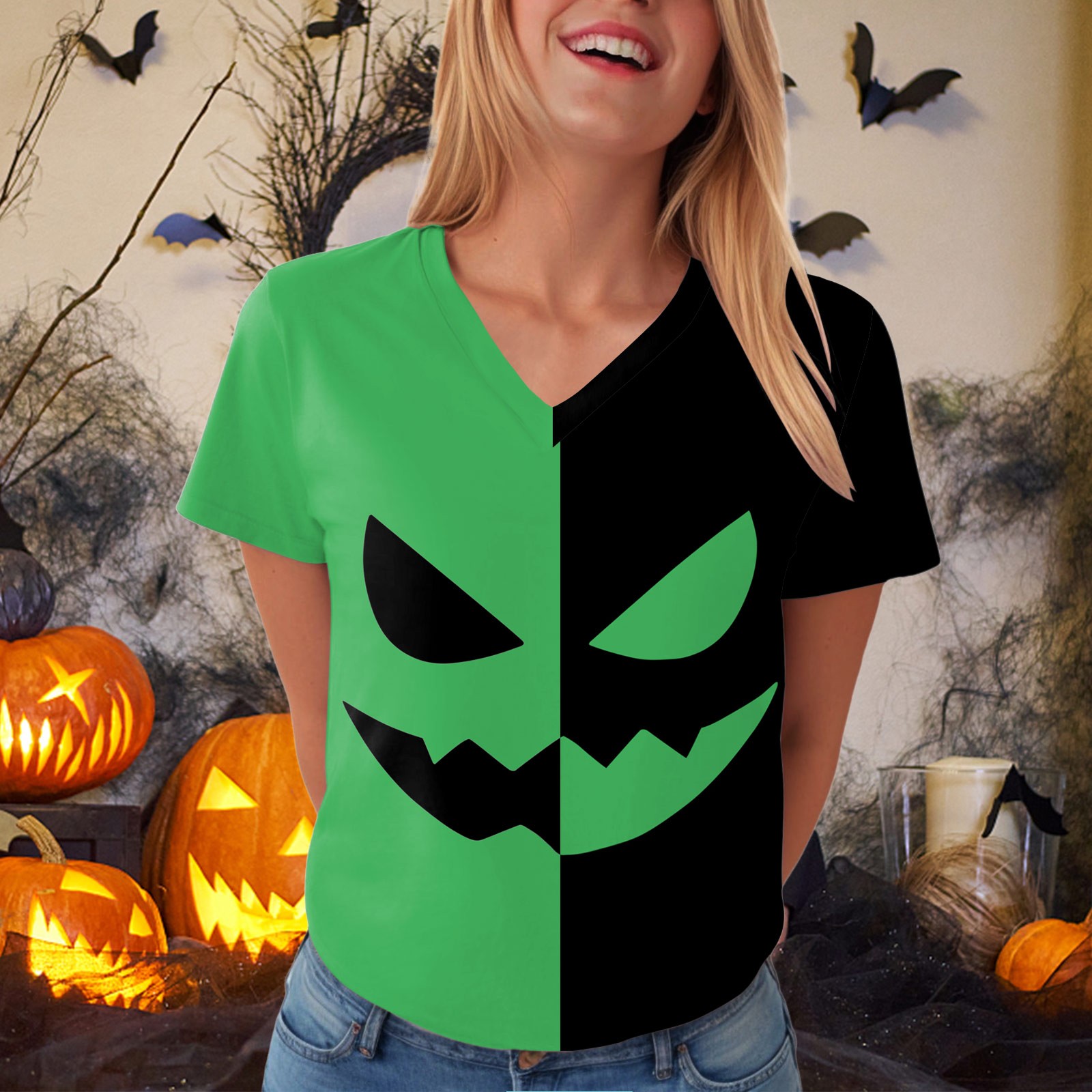 Chemise Halloween Pour Femmes - Col Rond, Manches Courtes, Imprimé Fun, Style Western Décontracté