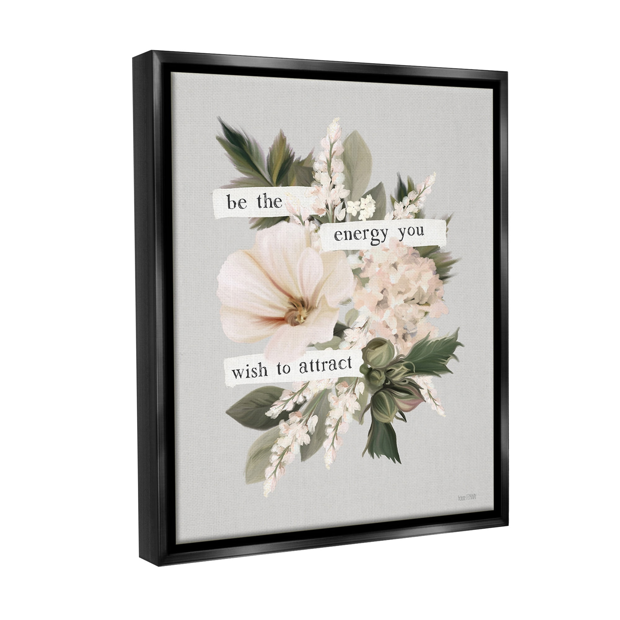 Stupell Industries Inspirational Be The Energy Botanical & Floral Painting Black Floater Framed Canvas Art Print Wall Art, 25 x 31