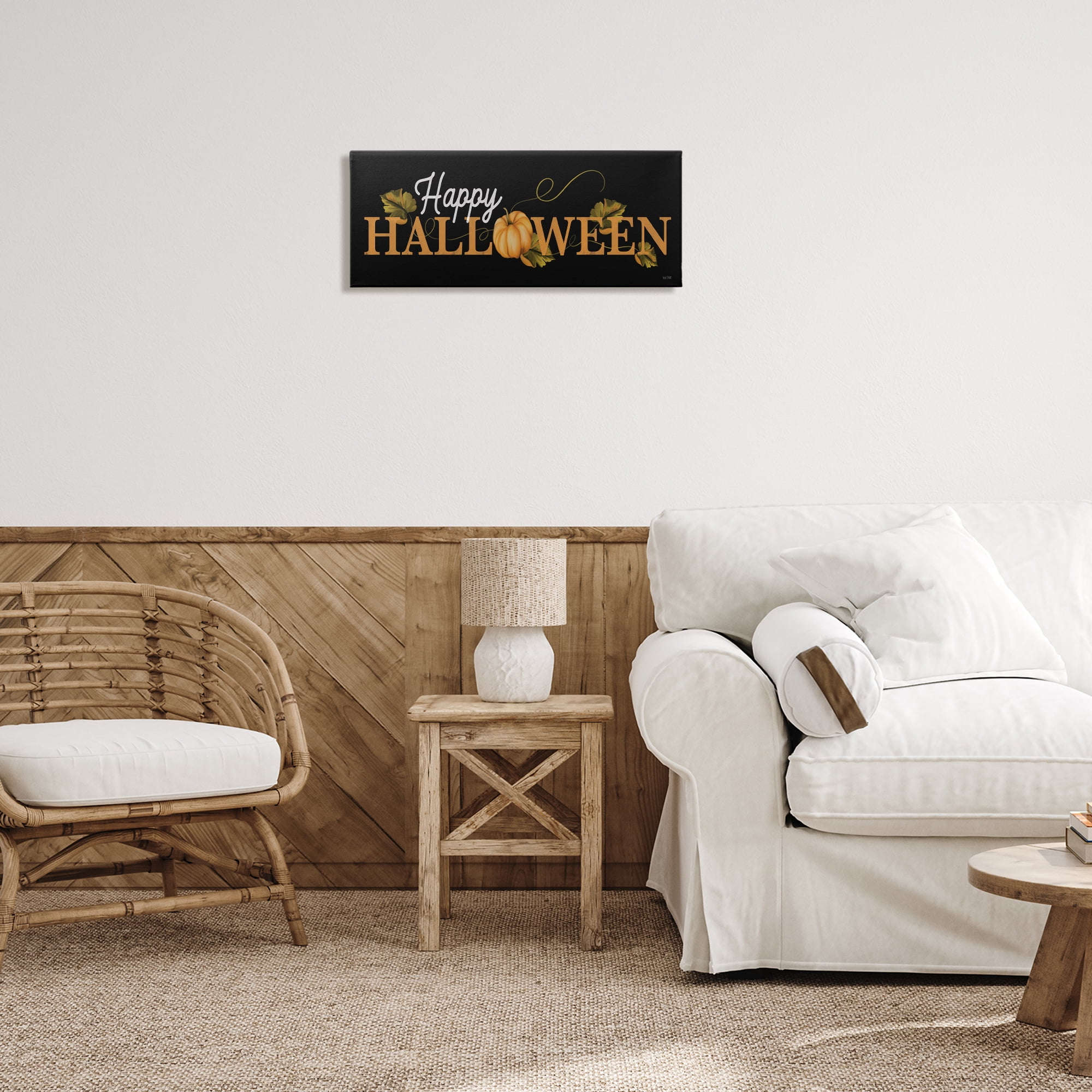 Stupell Industries Happy Halloween on Black Holiday Painting Gallery Wrapped Canvas Art Print Wall Art, 24 x 10