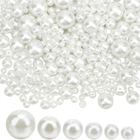 1320pcs Pearl Beads 6 Sizes White Glass Pearl with Hole Round Loose Pearl Beads for DIY Necklace Earring Jewelry Making Christmas Decoration Vase Filler 3/4/6/8/10/12mm