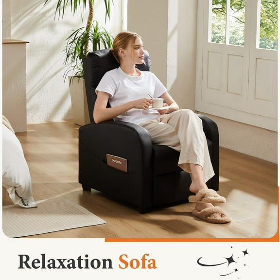 LIFERECORD Black Recliner Chair, PU Leather Home Theater Seat with Lumbar Support, Push Back Design, Overstuffed Cushion