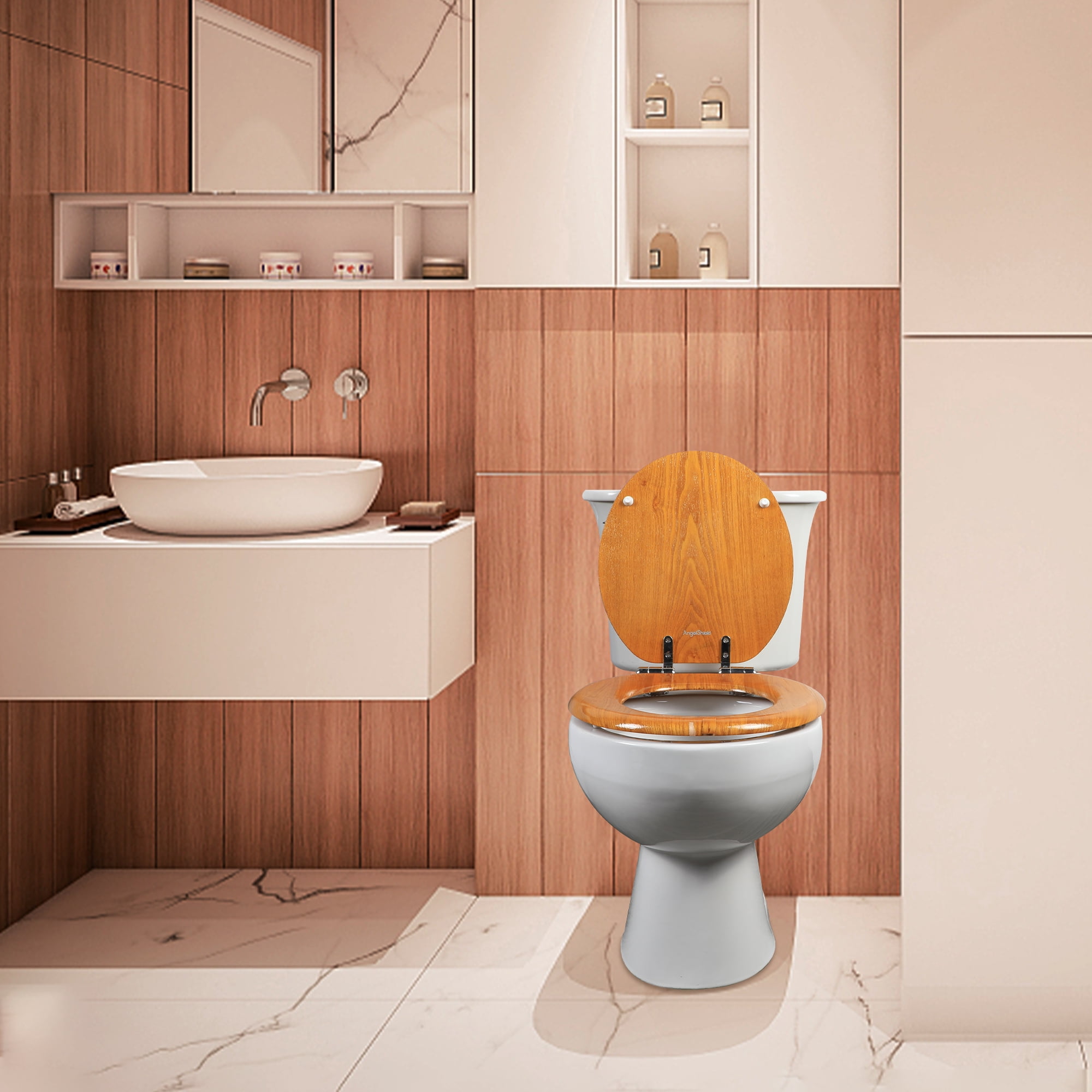Angol Shiold Wood Elongated Toilet Seat, Easy Clean, Metal Hinges（Elongated 18.5'', Warm Brown）