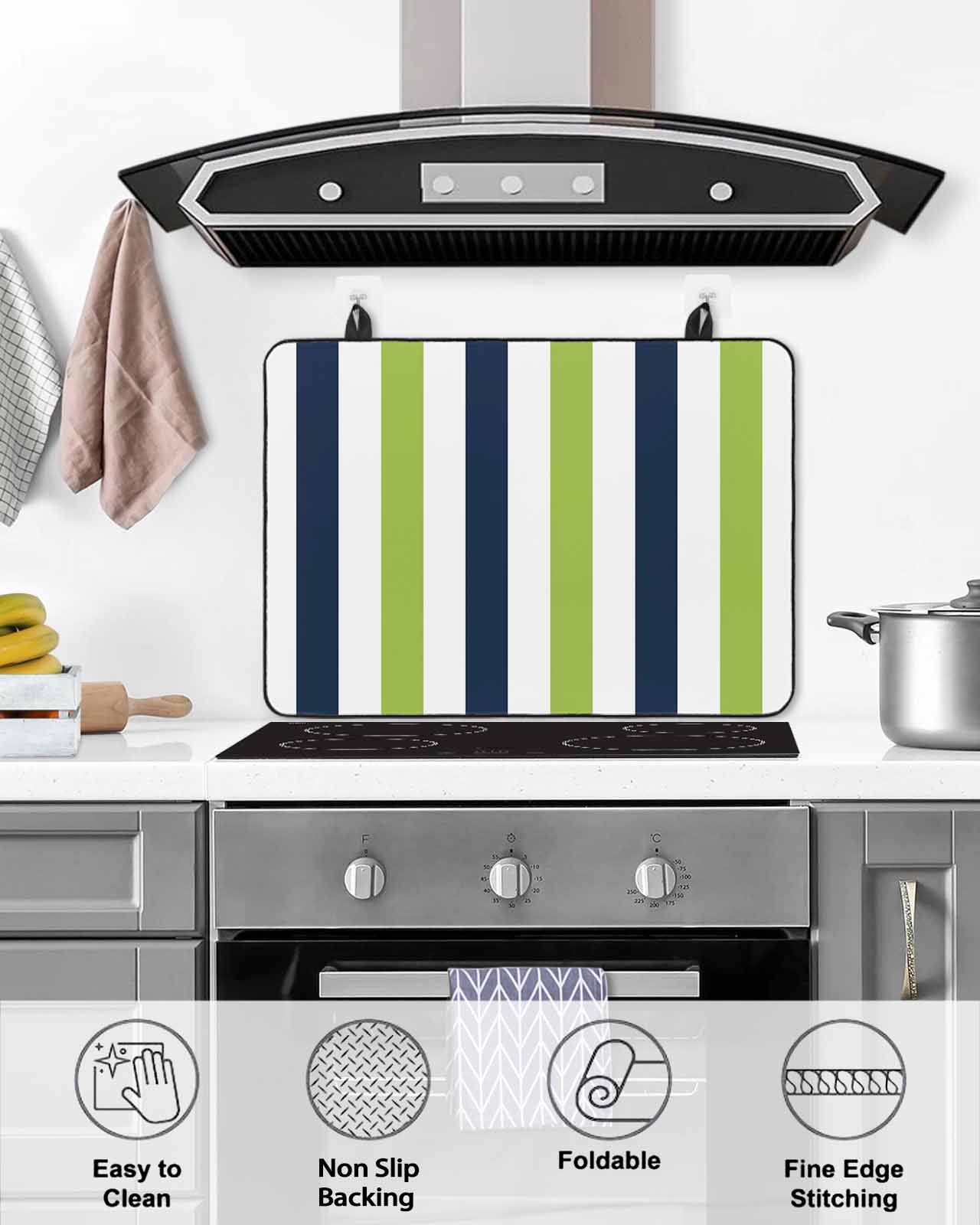 nqOlkjepod Large Induction Cooktop Protector Mat 24"x21", Green Navy Blue Striped Stove Top Covers for Electric Stove, Farmhouse Stripe Art Decorative Stove Burner Cover Mats, Glass Top Stove Cover