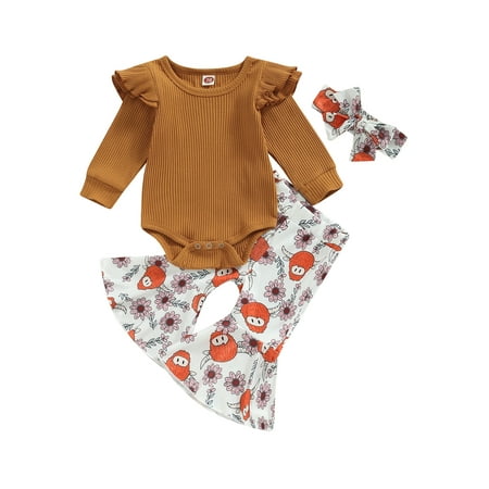 

Seyurigaoka Newborn Baby Girl 3Pcs Pants Clothes Outfits Ribbed Ruffle Long Sleeve Knit Romper Tops + Cow Print Flared Pants + Bowknot Headband Set
