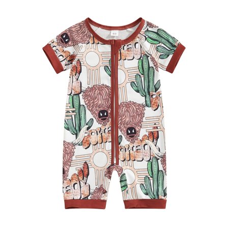 

Baby Boys Girls Western Romper Casual Short Sleeve Round Neck Cactus Print Loose Fit Zipper Jumpsuit Newborn Clothes