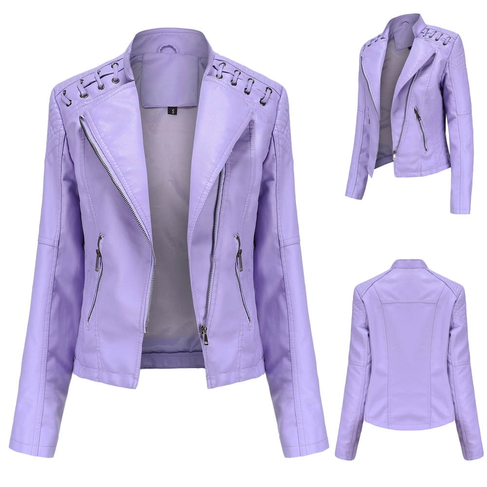 Atogsazn Womens Faux Leather Zip Up Jackets Casual Biker Long Sleeve Moto Coat Fall Fashion Outerwear A-Hot Pink XXL