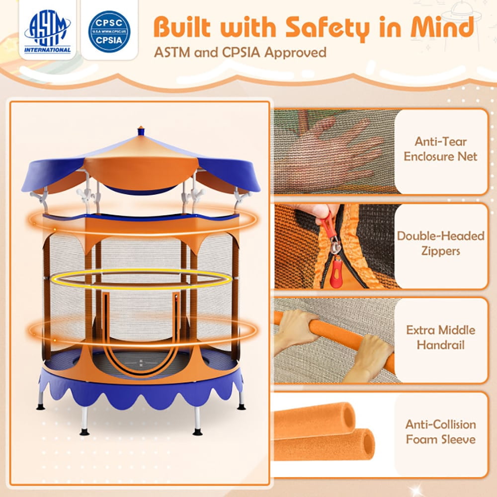 Spaco 64" Kids Trampoline with Detachable Canopy and Safety Enclosure Net-Orange, Bounce Trampoline for Outdoor as Garden, Park