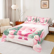 jejeloiu Santa Claus Queen Sheet Sets,Christmas Theme Flat Sheet,Xmas Snowman Tree Queen Fitted Sheet For Teens,Microfiber Bedroom Decor,4pcs