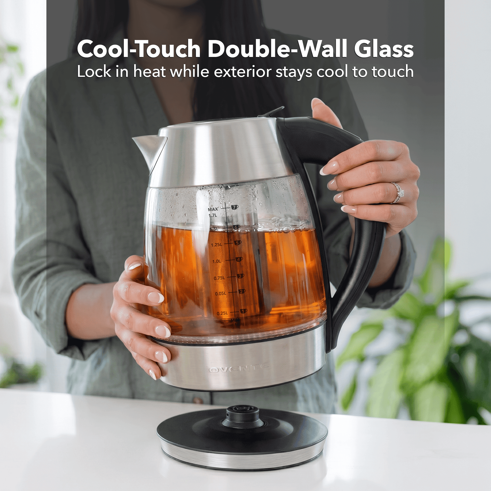 OVENTE 1.7L Glass Electric Kettle with Tea Infuser, Silver KD68S | 1500W Fast Boiling, Easy Fill Lid, 7 Temperature Control, Borosilicate Glass, Keep Warm, Auto Shut-Off, Boil-Dry Protection