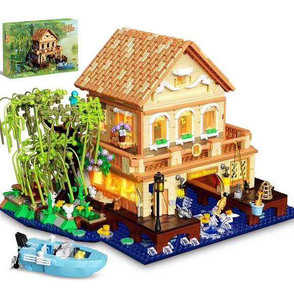 GOQI Girls Friend Overwater House Mini Building Set with Light, 2057 PCS Vacation Tree House Cabin Building Block Toy with Boat Animals, Gifts for Adults Teen Girls Boys Age 14 