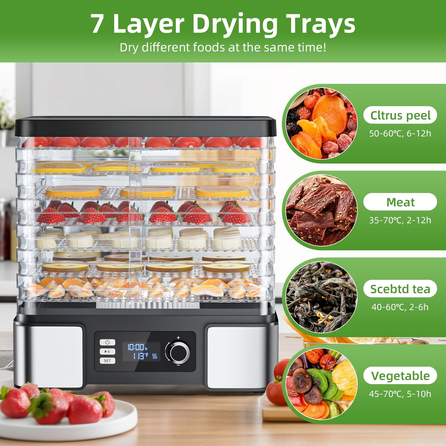 Foukus Food Dehydrator, 7-Tray, Adjustable Temp, 24H Timer, LCD