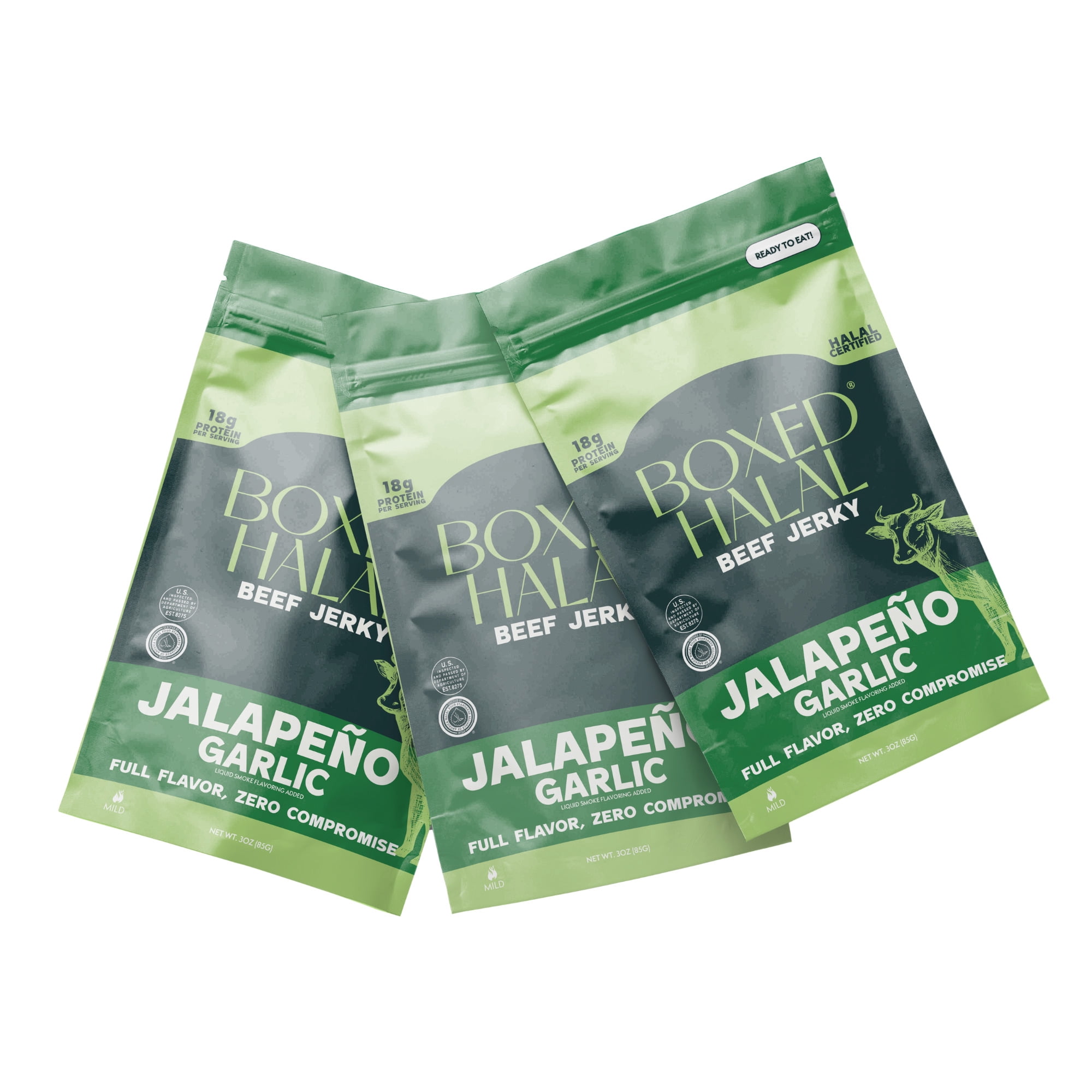 BOXED HALAL Premium 100% Grass-Fed Jalapeño Garlic Beef Jerky Strips, 13g Protein, HFSAA Certified Halal, Keto Friendly Snack, 3 Oz. Bags (3 Pack)