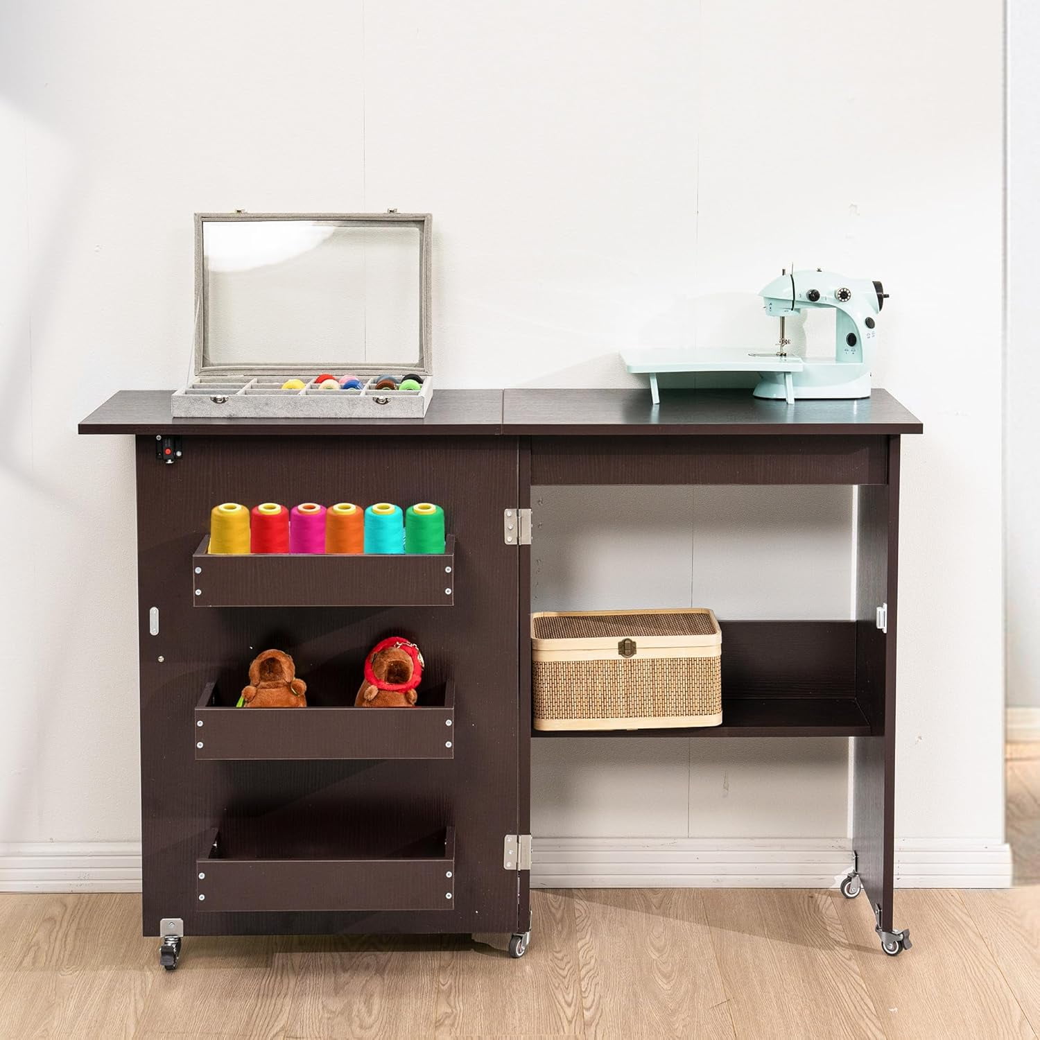 SPECSTAR Folding Sewing Craft Table, Rolling Sewing Machine Desk with Storage Shelves, Sewing Cabinet with Lift for Small Spaces, Dark Brown