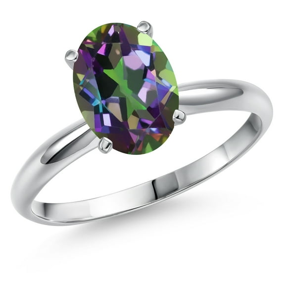 Gem Stone King 14K White Gold Green Mystic Topaz Solitaire Engagement Ring for Women | 2.30 Cttw | Oval 9X7MM | Gemstone November Birthstone | Size 9