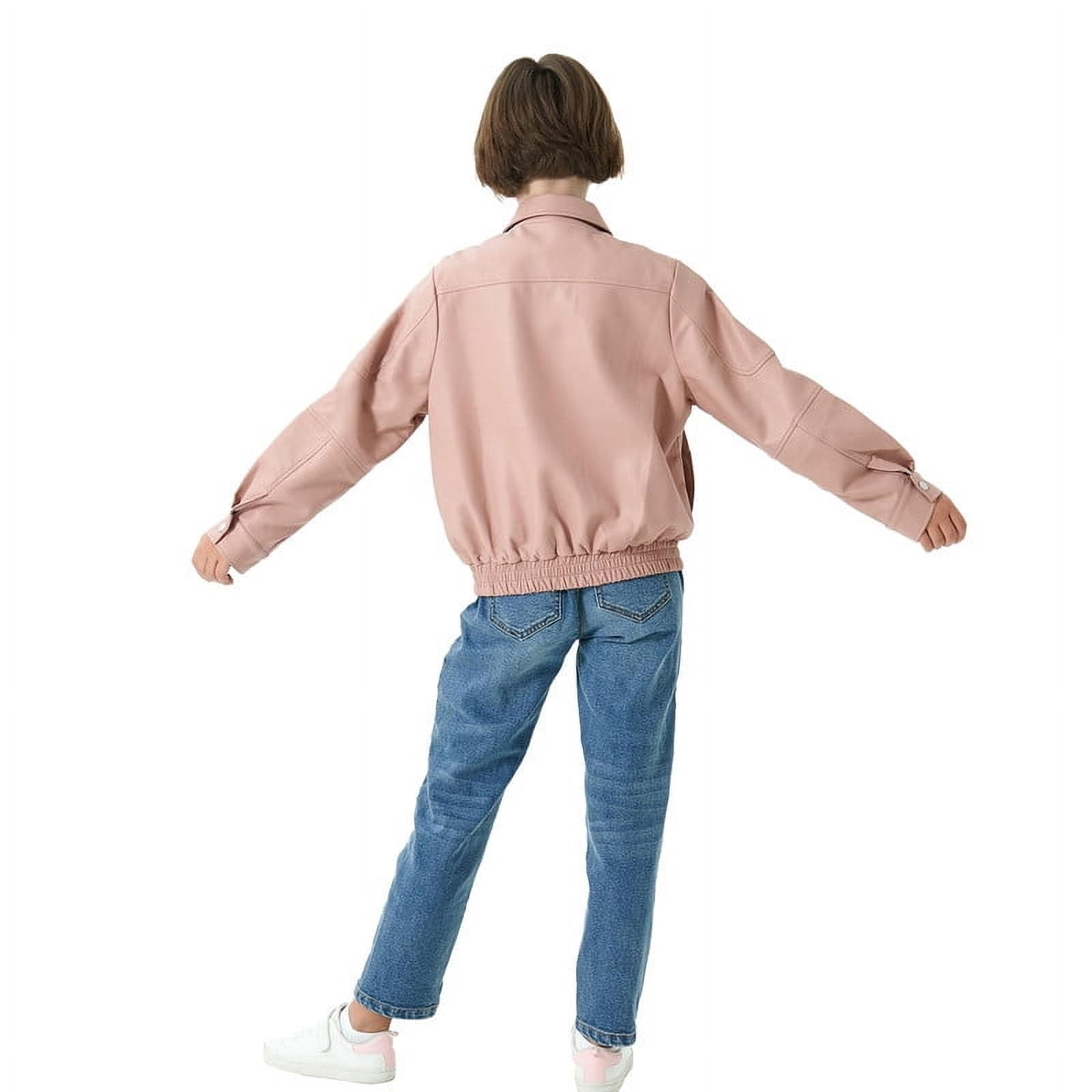 Rolanko Girls Faux Leather Jacket Kids Zip Up Motorcycle Biker Outerwear Coat Pleather Bomber Jacket with Pockets 5-15 Years