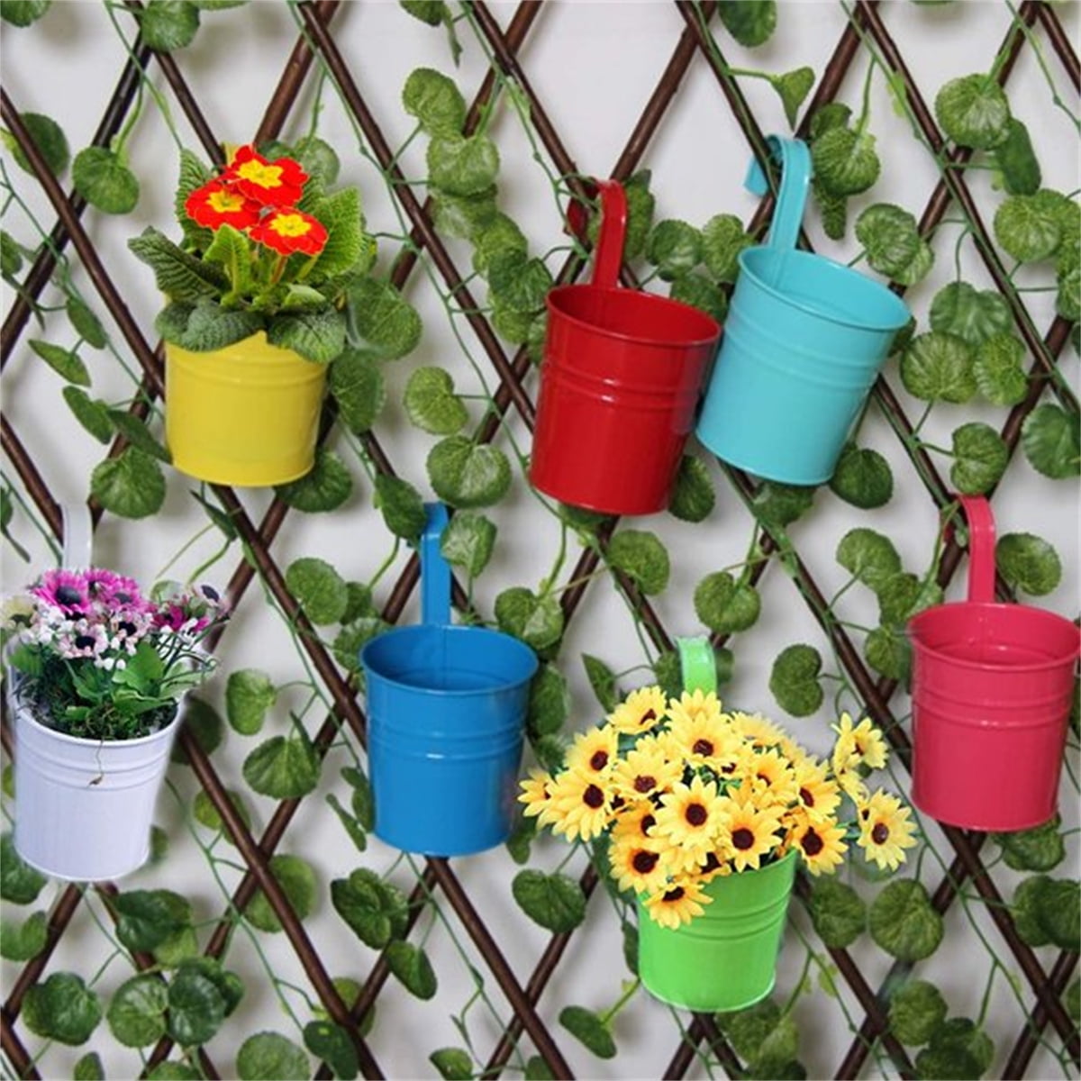 Casewin 4" Small Iron Hanging Planters Multicolor Flower Pots Balcony Garden Railing Planter, Fence Hanging Metal Bucket Plants Holders Set for Indoor and Outdoor, 12PCS