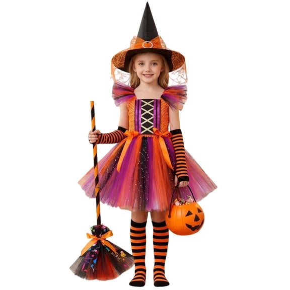 LIIPEE Girls Halloween Costumes Kids Dresses With Accessories Witch Fancy Dress Up Clothes 5 Piece,7-8 Years