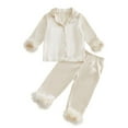 thumbnail image 3 of Toddler Girl Satin Pajamas Set Feather Trim Button Down Sleep Shirt Top Pajamas Pants Toddler Long Pajamas Nightgown Girls' Fashion Pajamas Set for Toddler 4Y, 3 of 5