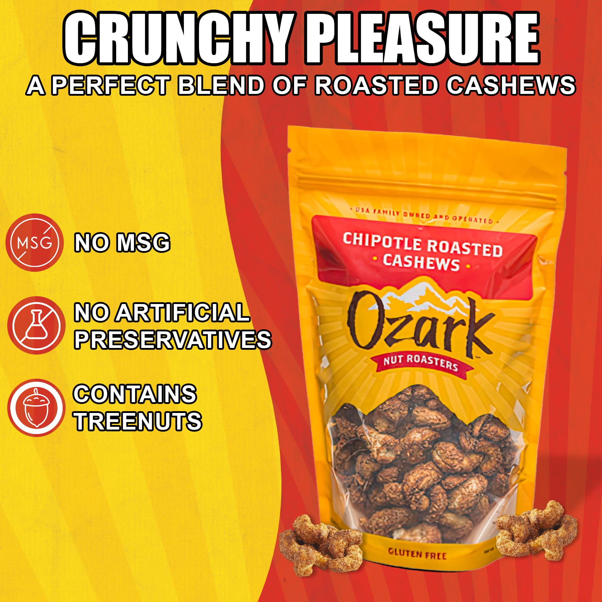 OZARK NUT ROASTERS, Chipotle XEF1&nbsp;Roasted Cashews w/Spicy Kick, Flavored Snack Nuts, World-Class Gourmet Candied Peanuts, Resealable Pack (14.0 oz)
