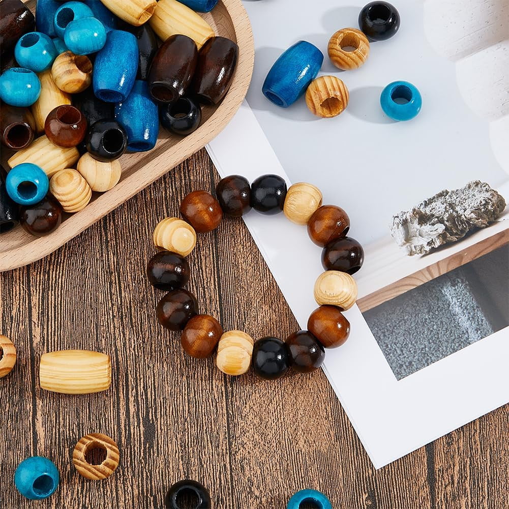 150Pcs 10 Styles Wood Large Hole Craft Beads Wooden Loose Spacer Beads Wooden European Beads Natural Wood Beads Round Oval Beads for Macrame Crafs Hair Braid Jewelry Making Hole:10mm Black