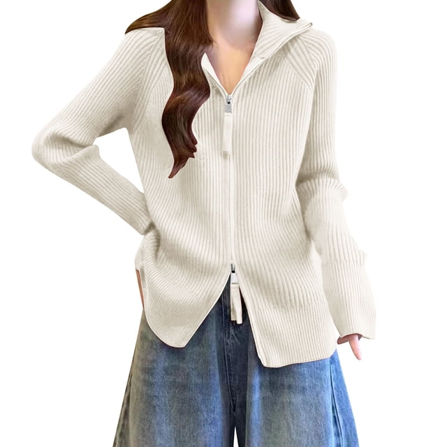 VSSSJ Women's Zip Up Cardigan Sweater Long Sleeve Lapel Ribbed Knit Loose Solid Color Sweaters Cardigans Tops White Free Size