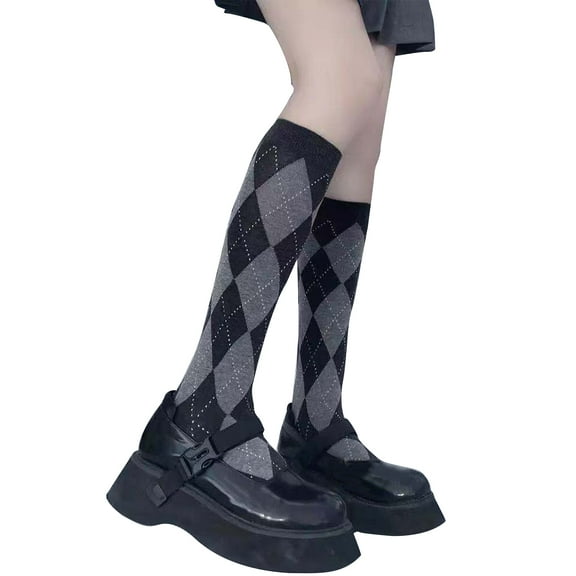 Aellinatey Women Knee High Socks College Vintage Multicolor Argyle Plaid Print Stockings