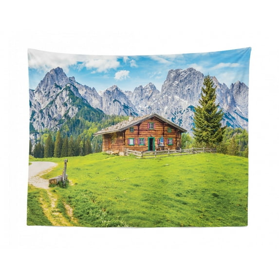 Landscape Tapestry, Stone House in Italian Mountains Vacation Idyllic Cottage House Scenery Paint, Fabric Wall Hanging Decor for Bedroom Living Room Dorm, 2 Sizes, Multicolor, by Ambesonne