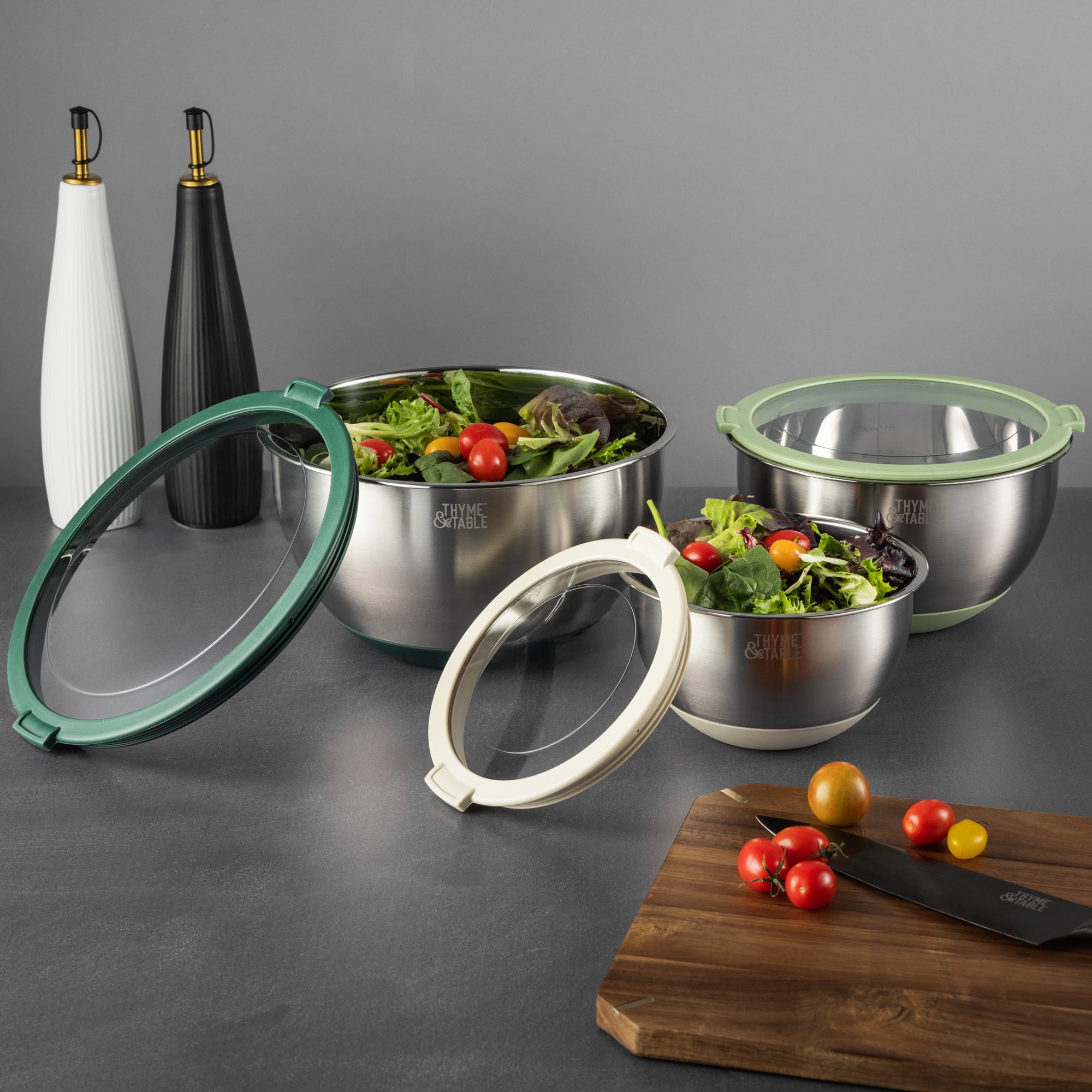 Thyme & Table 6-Piece Nesting Mixing Bowl Set with Easy Grip Transparent Lids - Green