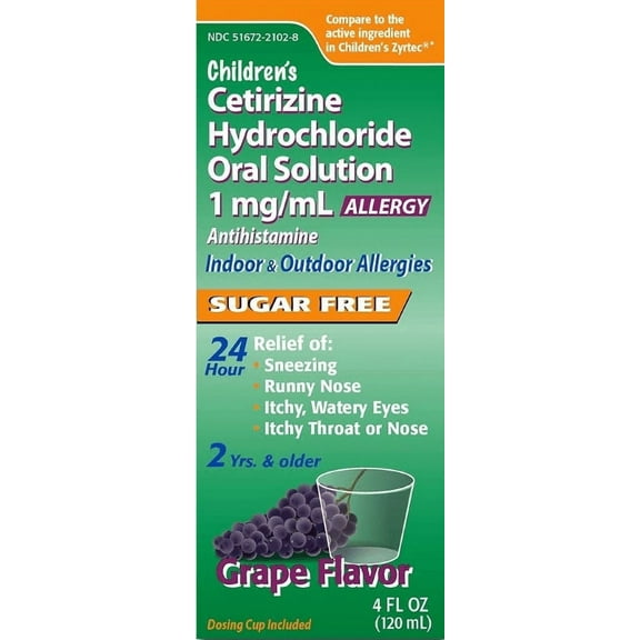 Children's Allergy Medicine, Sugar Free Grape Flavor, Cetirizine Kids Antihistamine Oral Solution Syrup for Indoor & Outdoor Allergy Relief, 24-Hour Symptom Relief, 4 fl oz