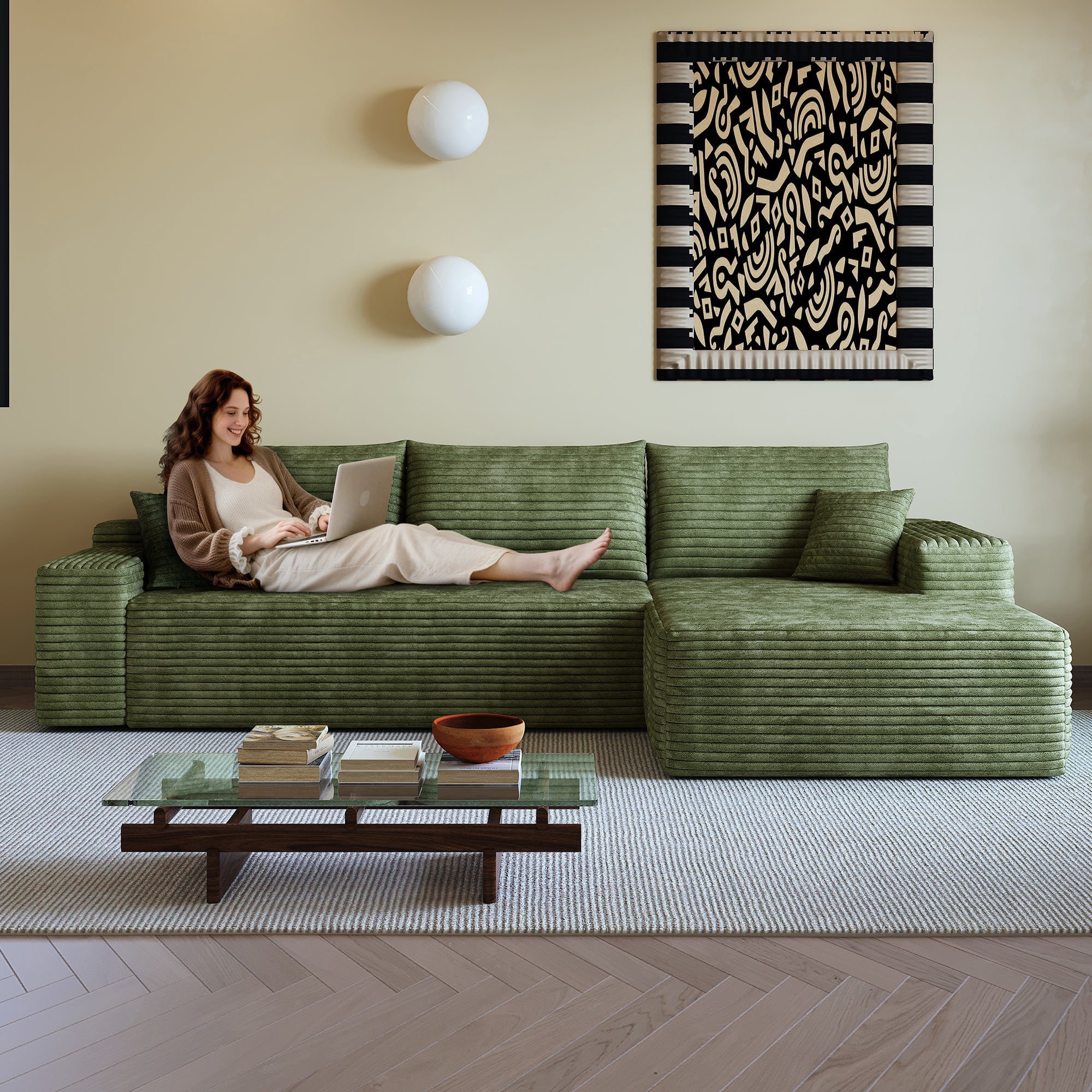 Sailvan 107" Cloud Sectional Couch, Cloudy Sofa with L-Shape Chaise, Upholstered Couches for Living Room & Bedroom, No Assembly Required, Plush Corduroy Fabric, Green