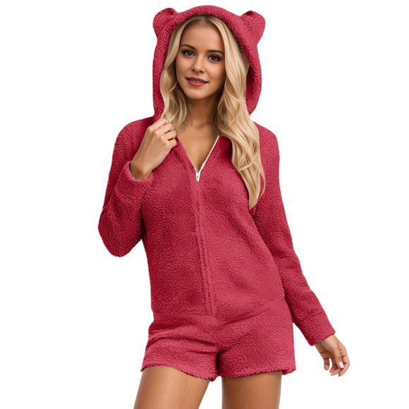 Lixiuxyad Solid Color Hooded Jumpsuit Casual Long Sleeve Romper Shorts With Pockets For Sleepwear Comfortable Outfit,Red