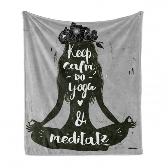 Spa Soft Flannel Fleece Throw Blanket, Keep Calm Do Yoga and Meditate Lettering with Silhouette of Woman in Lotus, Cozy Plush for Indoor and Outdoor Use, 60" x 80", Dark Green Grey, by Ambesonne