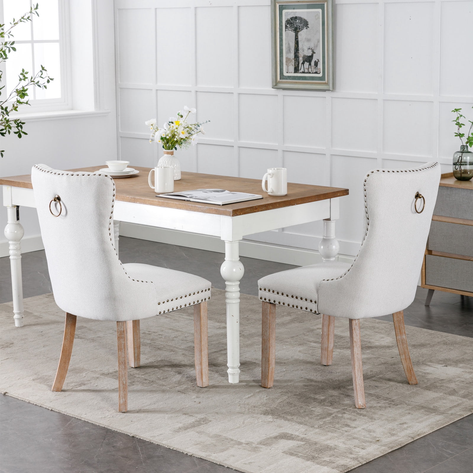 MAYEERTY Modern High-End Tufted Dining Chair - Solid Wood, Flax Upholstery, Wood Legs, Nailhead Trim, Gray, 2-Pcs Set