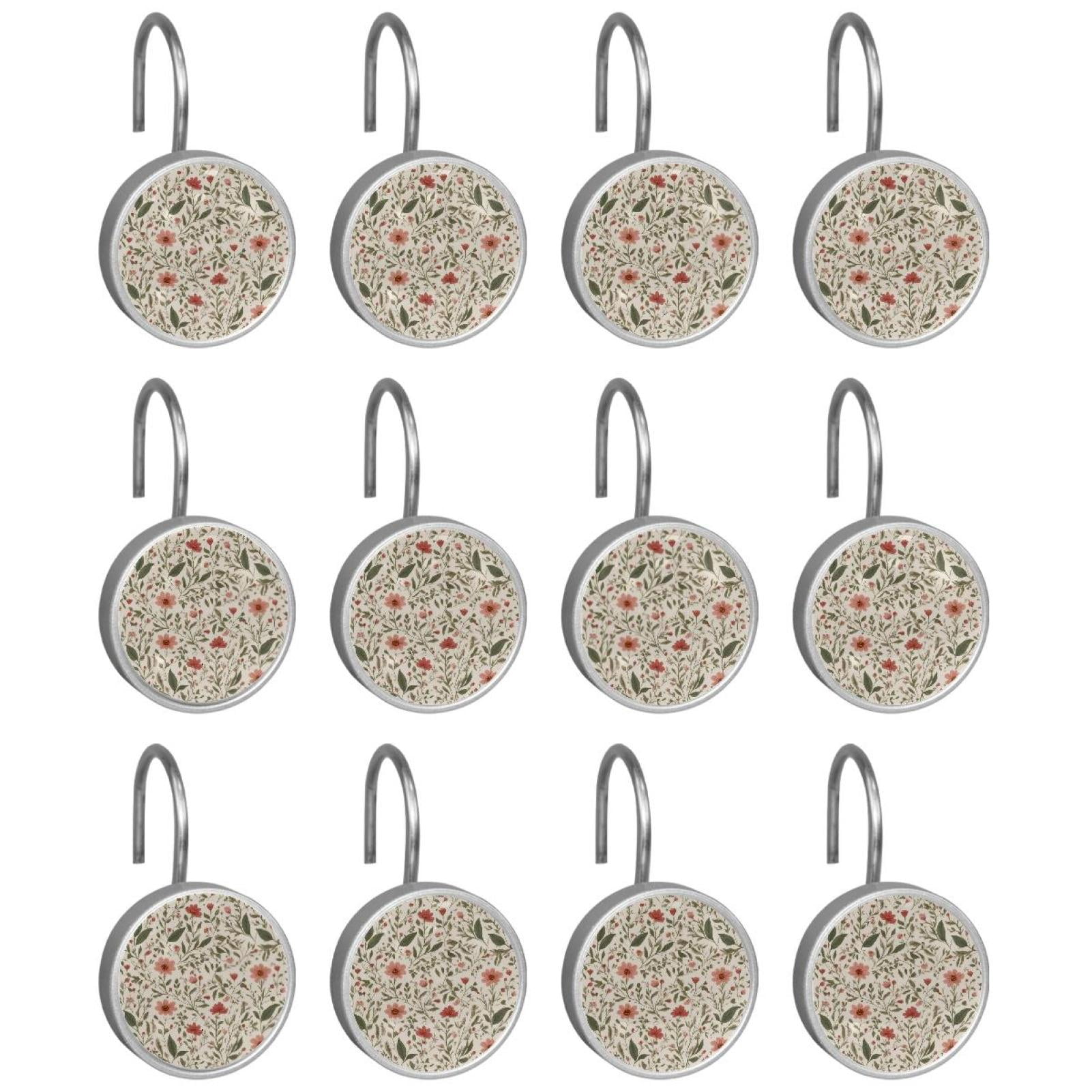 HemaKayy 12 Pcs Shower Curtain Hooks Bathroom Decorative Accessories Fresh Orange Pink Flower
