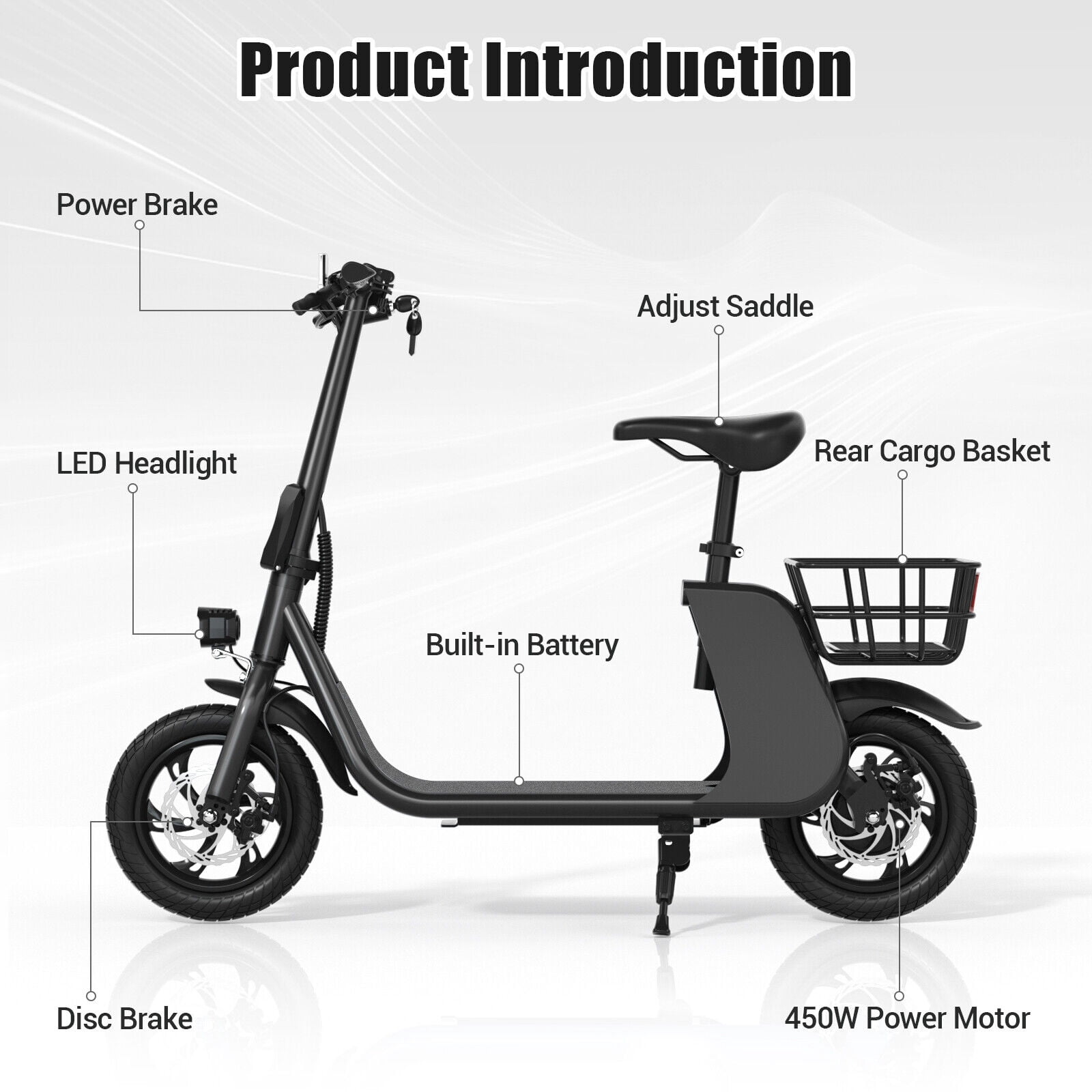 Lohoms Updated 450W Foldable Electric Scooters Bike, Adult Electric Moped Commuter Ebike Biycle Waterproof E-Scooter With Seat Basket 12 in Off-Road Tires,Black
