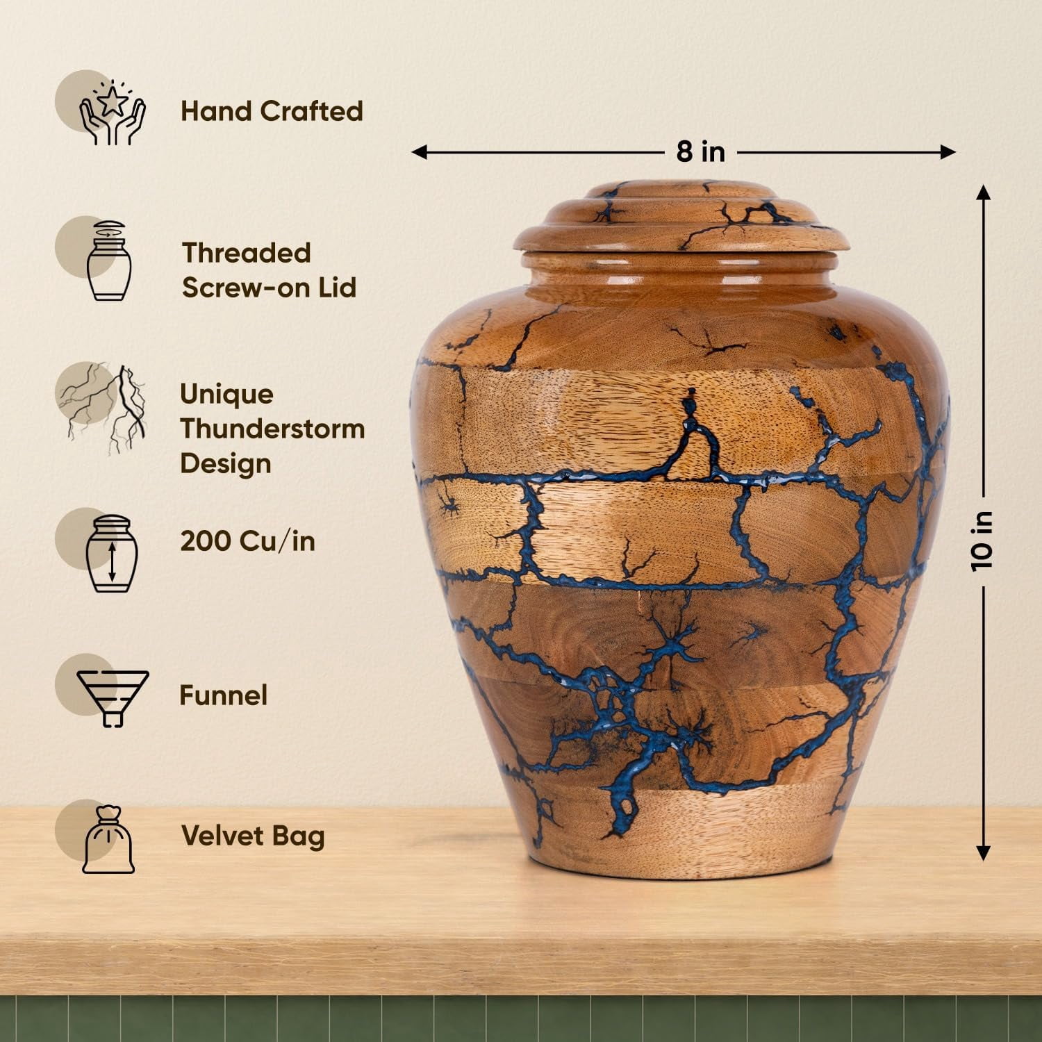 Wooden Cremation Urns for Human Ashes Adult Male 200 Cubic Inches - Urns for Ashes for Women & Men - Blue Urn for Ashes Adult Male - Decorative Urns - Burial and Funeral Urn