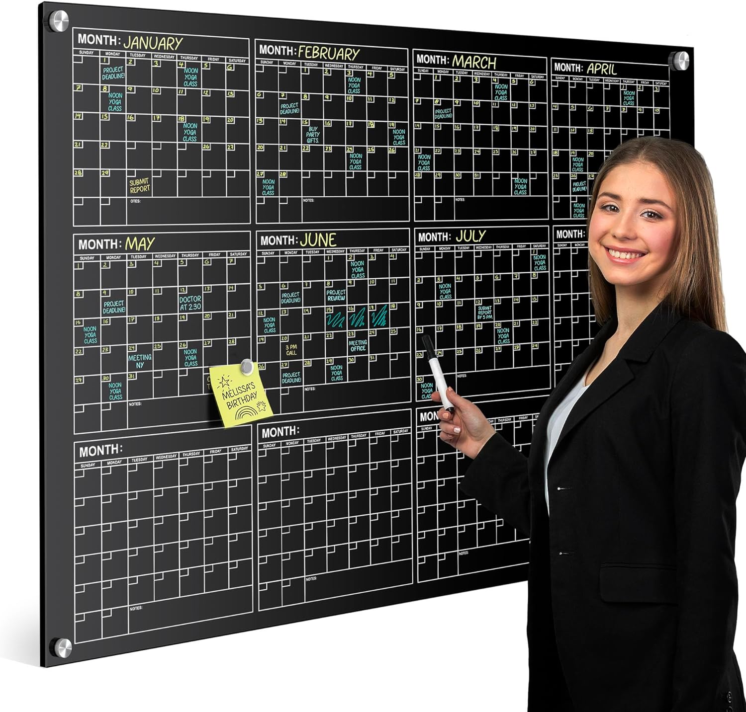 Black Magnetic 34”x46” Glass Whiteboard Yearly Calendar Planner White Board Calendar Dry Erase Board Dry Erase Calendar for Wall Monthly Glass Calendar Whiteboard Home Office Large Wall Calendar