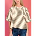 thumbnail image 4 of Women 2 Piece Sets Summer Outfits Cute Stripe Knit T Shirts Shorts Matching Lounge Set Khaki S, 4 of 7
