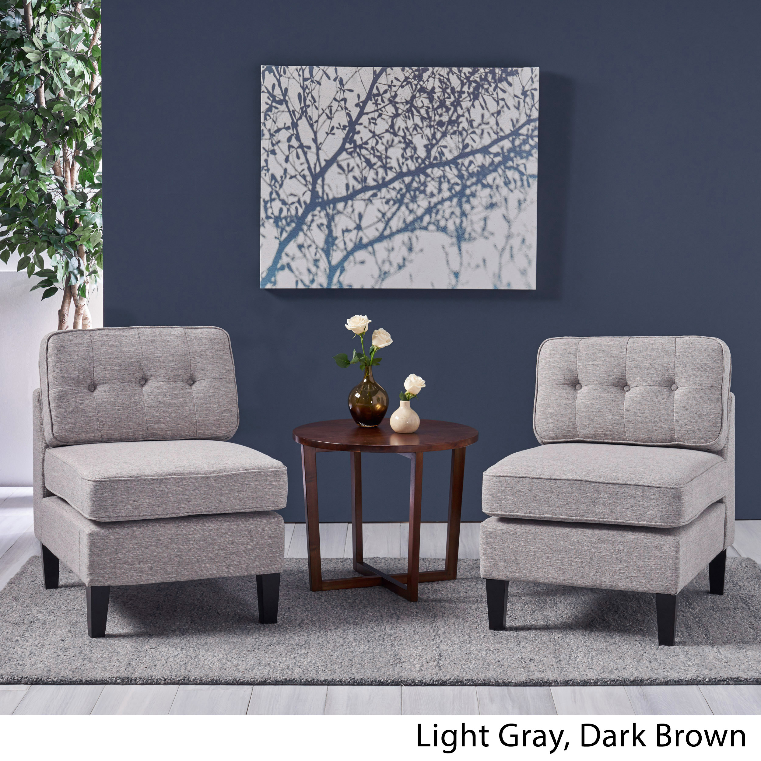 Noble House Crowningshield Fabric Slipper Chairs with Button Accents (Set of 2), Light Gray and Dark Brown