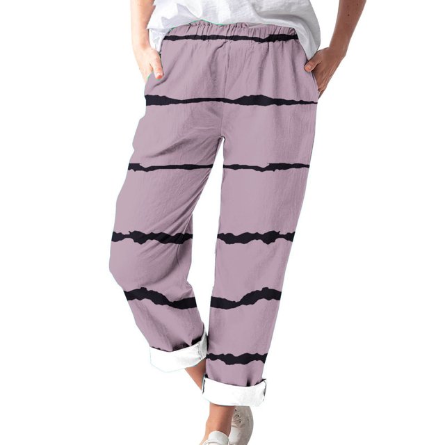 Timegard Womens Plus Size Pants Striped Straight Leg Elastic Waist Lounge Pants with Pockets Fall Travel