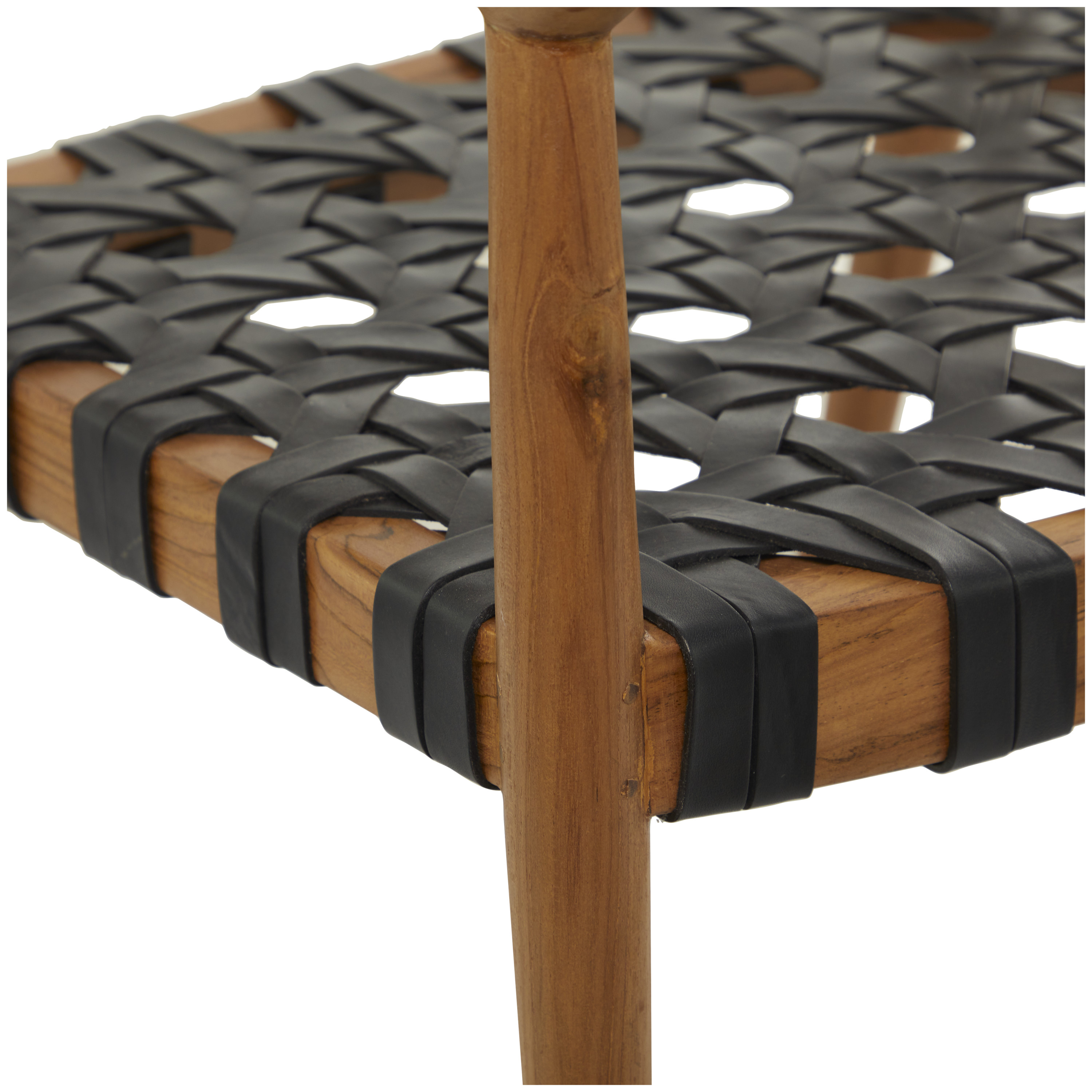 DecMode Contemporary Accent Chair with Polished Brown Teak Wood and Black Leather Woven Seat, 22"W x 30"H