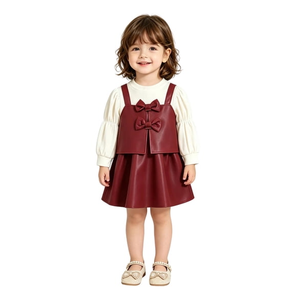 Mercatoo 2 Piece Toddler Girls Coquette Patchwork Dress Leather Pinafore with Oversized Bowknot Closures & Puff Sleeves