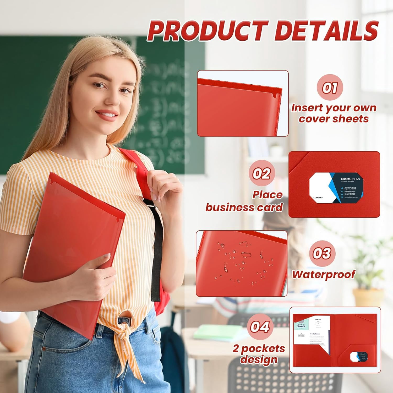100 Pack Red Plastic Folders Heavy Duty with  Pockets for School Office