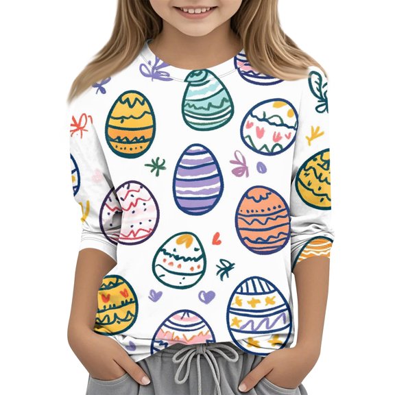 Tops for Girls Ages 5-14 Easter Printed 3/4 Sleeve Round Neck Spring 2026 T-Shirts White 160