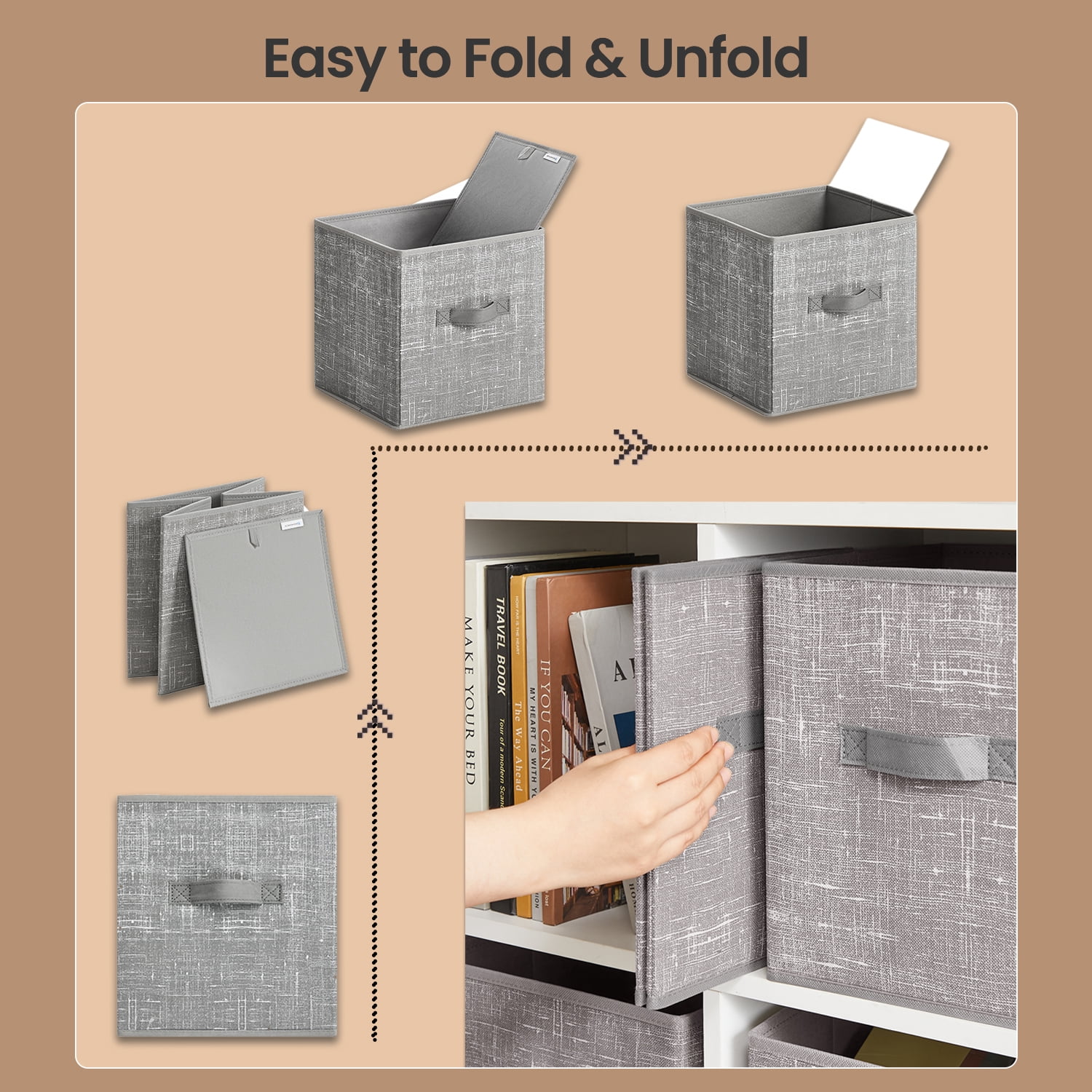 LEDREM 10.2" Storage Cubes Organizer - 6-Pack Foldable Fabric Bins with Double Handles, Shelving System for Clothes, Toys, Taupe