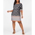 thumbnail image 1 of Ny Collection Plus & Petite Border-Print Bell-Sleeve Dress (Navy-3XP), 1 of 3