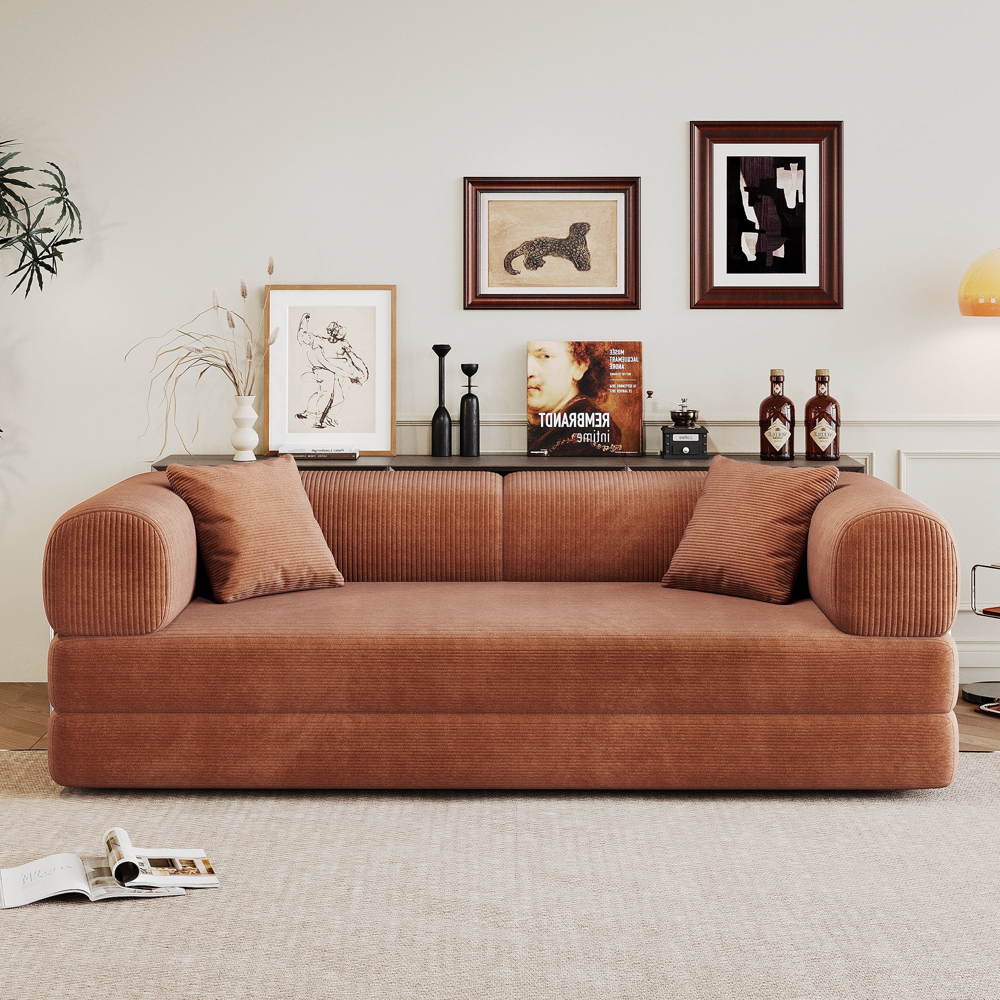 Leumius 78.8" Convertible Sofa Bed with Fixed-Shape Frame & Support Armrest,Modular Corduroy Sleeper Sofa,Boneless Couch Folding Mattress Couch for Small Spaces - No Assembly Needed,Brown