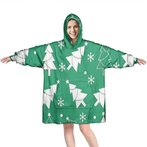 Wearable Oversized Blanket,Green Christmas Tree Pattern Wearable Blanket Hoodie for Adults,Cozy Hooded Blankets with Super Pockets,Super Warm Fuzzy Pullover for Women & Men
