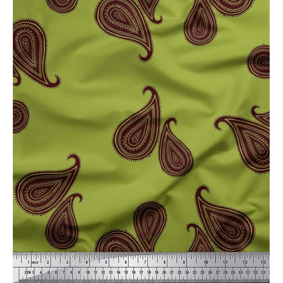 Soimoi Green Japan Crepe Satin Fabric Maroon Paisley Print Fabric by the Yard 42 Inch Wide